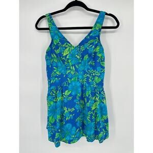 Vintage MAXINE Of HOLLYWOOD Swimsuit Womens 12 One Piece Swimdress Floral Blue